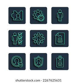 Set line Erstellen Sie Account-Bildschirm, User Protection, Identification Badge, des Menschen, Human mit Ausrüstung, in Business Anzug, Head Jagd und Resume Symbol. Vektorgrafik