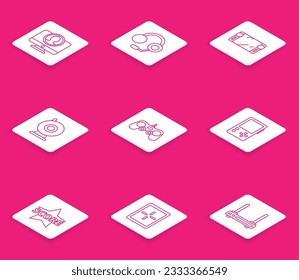 Set line Create account screen, Headphones, Portable video game console, Web camera, Gamepad, Star and Tablet icon. Vector