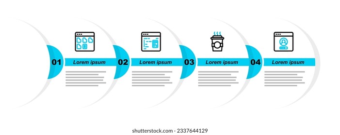 Set line Create account screen, Coffee cup to go, Software and Browser files icon. Vector