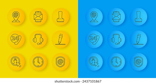 Set line Create account screen, Telephone 24 hours support, Headphones, Shield with mail and e-mail, Pencil eraser, Location, Stamp and Mobile envelope icon. Vector