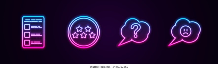Fija la pantalla de Cuenta de Create en el móvil, revisión de calificación de cinco estrellas, pregunta de burbuja de voz y con una sonrisa triste. Icono de neón brillante. Vector
