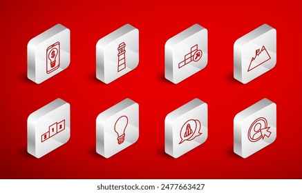 Pantalla de Cuenta de Create, Faro, Crecimiento financiero, Montañas con bandera, Concepto de proyecto de inicio, bulbo móvil de dólar, de idea e icono de podio de negocios. Vector