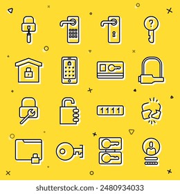 Set line Create account screen, Broken or cracked lock, Bicycle, Door handle, Mobile graphic password, House under protection, Lock picks for picking and Key card icon. Vector