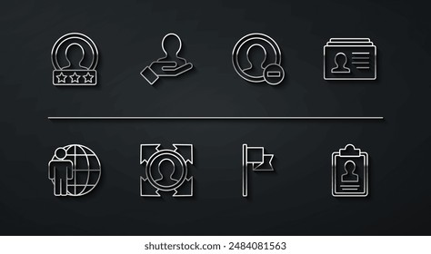 Set line Create account screen, Head hunting, Resume, Location marker, Hand for search people, Clipboard with resume and  icon. Vector
