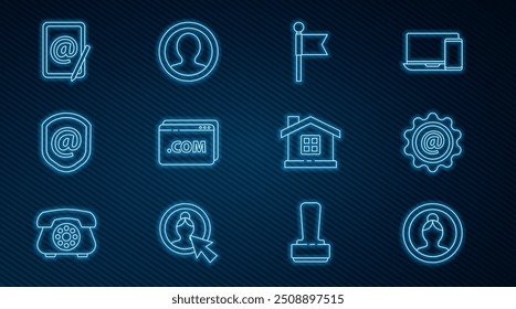 Set line Create account screen, Mail and e-mail, Location marker, Website template, Shield with, House and  icon. Vector