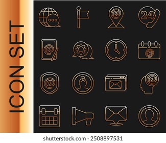 Definir linha Criar tela de conta, E-mail e e-mail, Calendário com e-mail, Localização, Bate-papo em balão de fala, Mapa mundial feito de fala e ícone Relógio. Vetor