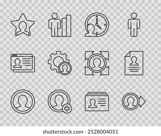 Set line Create account screen, Time Management, Head hunting, Resume and  icon. Vector