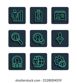Set line Create account screen, Head hunting, Resume, Magnifying glass for search, Productive human and  icon. Vector