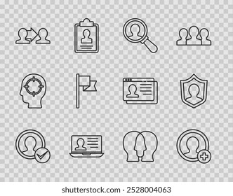 Set line Create account screen, Magnifying glass for search, Laptop with resume, Project team base, Location marker,  and User protection icon. Vector