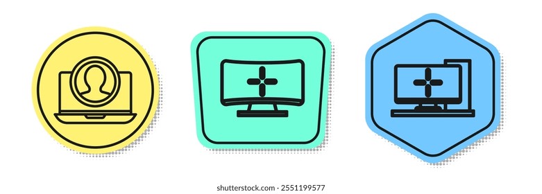 Set line Create account screen, Computer monitor and Computer monitor. Colored shapes. Vector