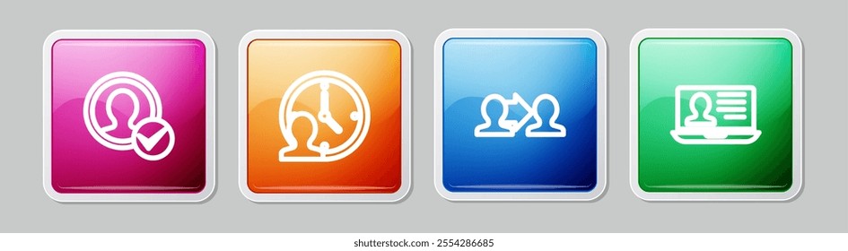 Set line Create account screen, Time Management, Project team base and Laptop with resume. Colorful square button. Vector