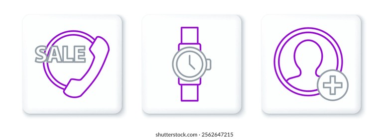 Set line Create account screen, Telephone 24 hours support and Wrist watch icon. Vector