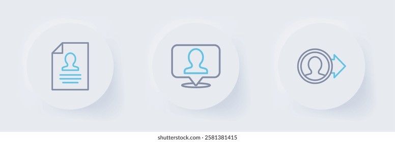 Set line Create account screen, Location with person and Resume icon. Vector