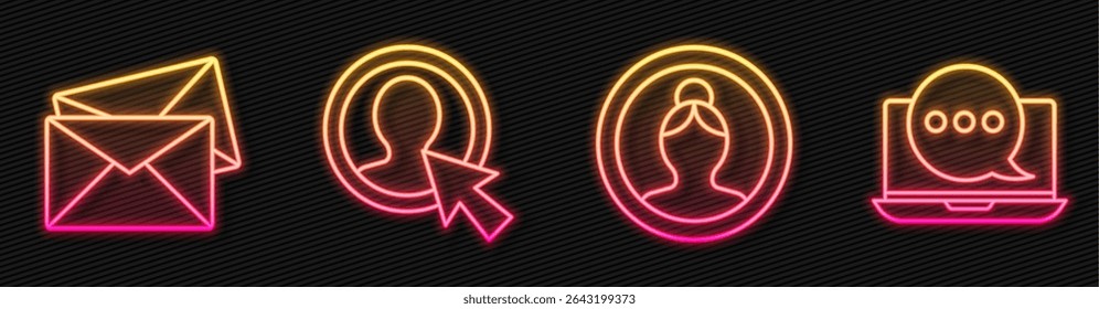 Set line Create account screen, Envelope, Create account screen and Chat messages notification on laptop. Glowing neon icon. Vector