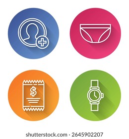 Set line Create account screen, Underwear, Paper check and financial check and Wrist watch. Color circle button. Vector