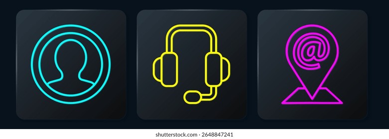 Set line Create account screen, Location and mail and e-mail and Headphones. Black square button. Vector