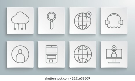 Pantalla de Cuenta Video de Create, lupa, computadora portátil, red social, conferencia de chat, Locación del mundo, auriculares e ícono de conexión a la nube de red. Vector