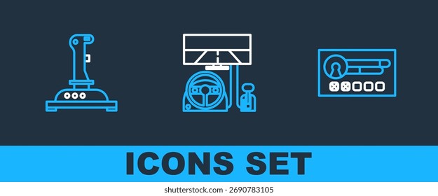 Set line Create account screen, Joystick for arcade machine and Racing simulator cockpit icon. Vector