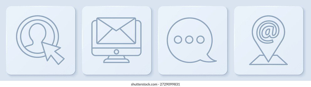 Defina a linha Criar tela de conta, Bate-papo em balão de fala, Monitor e envelope e Localização e e-mail e e-mail. Botão quadrado branco. Vetor