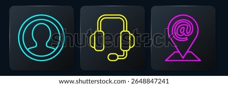 Set line Create account screen, Location and mail and e-mail and Headphones. Black square button. Vector