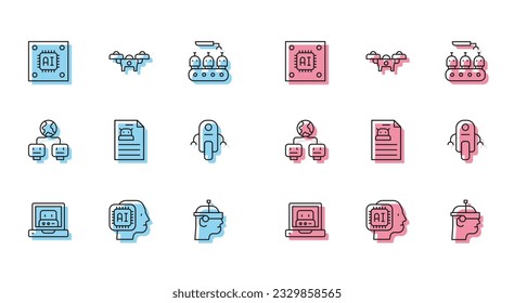 Set line Creating robot, Humanoid, Processor with microcircuits CPU, Smart glasses, Technical specification, Robot, Artificial intelligence and Drone icon. Vector