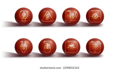 Set line Creative lamp light idea, Electric plug, Voltmeter, Inductor in electronic circuit, Computer mouse, High voltage, Car battery and Ampere multimeter icon. Vector