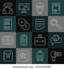Fijar línea Idea de luz creativa de lámpara, Aprender idiomas extranjeros, Vidrio de ampliación, Alfabeto, Vocabulario, Hoja de examen, Dos hombres sentados hablando e ícono de bloc de notas. Vector