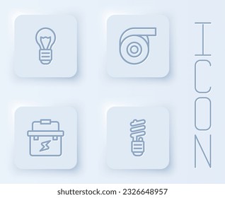 Set line Creative lamp light idea, Roll adhesive tape, Toolbox electrician and LED bulb. White square button. Vector