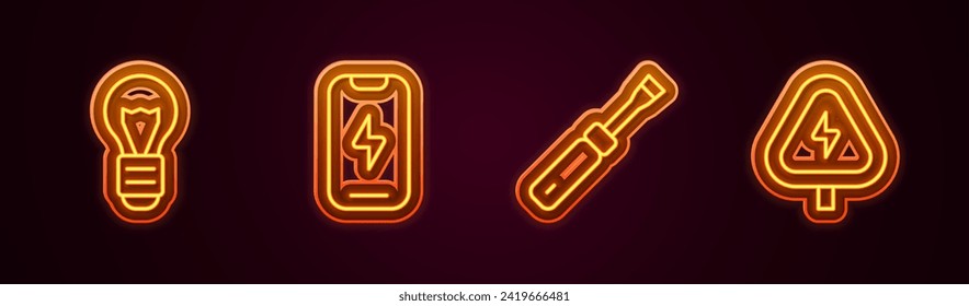 Set line Creative lamp light idea, Mobile phone, Screwdriver and High voltage. Glowing neon icon. Vector