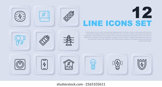 Set line Creative lamp light idea, Lightning and shield, Battery charge, Hair dryer, Mobile phone, Book about electricity and Smart home icon. Vector