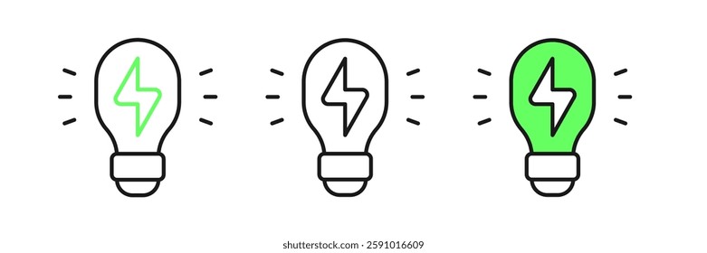 Set line Creative lamp light idea icon isolated on white background. Concept ideas inspiration, invention, effective thinking, knowledge and education.  Vector