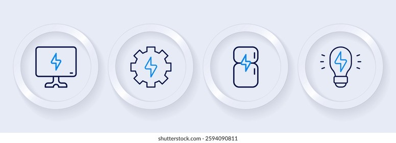Set line Creative lamp light idea, Refrigerator, Gear and lightning and Smart Tv icon. Vector