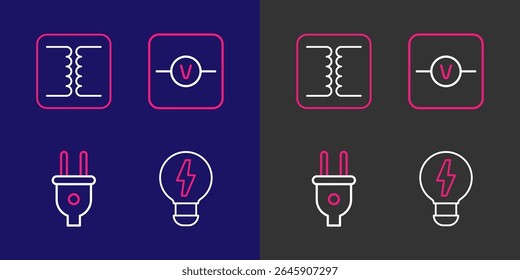 Set line Creative lamp light idea, Electric plug, Voltmeter and Electrical transformer icon. Vector
