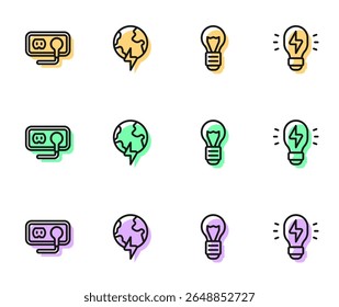 Set line Creative lamp light idea, Electrical outlet, Global planet with thunderbolt and  icon. Vector
