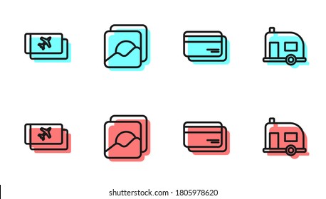 Set line Credit card, Airline ticket, Photo and Rv Camping trailer icon. Vector