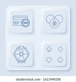 Set line Credit card, Billiard pool snooker 8 ball, Lucky wheel and Playing cards. White square button. Vector