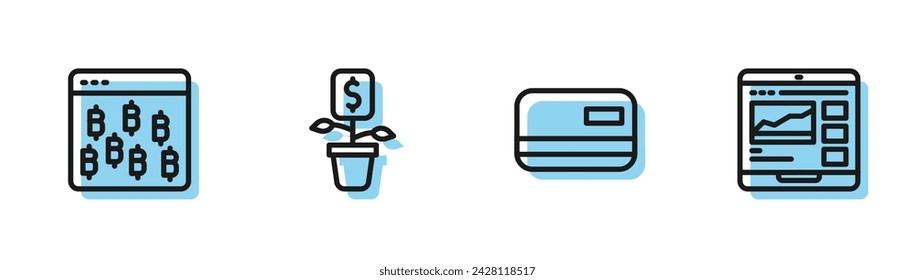 Fijar línea Tarjeta de crédito, Bitcoin en el navegador, Planta del dólar y Cursos de Trading icono. Vector