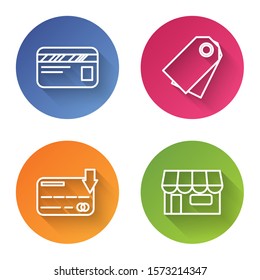 Set line Credit card, Blank label template price tag, Credit card and Shopping building or market store. Color circle button. Vector