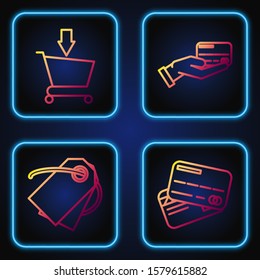Set line Credit card, Blank label template price tag, Add to Shopping cart and Human hand holding with credit card. Gradient color icons. Vector