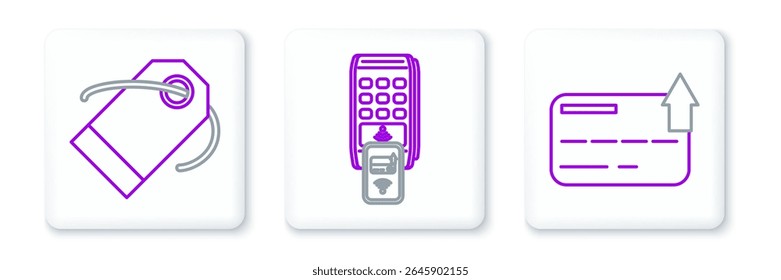 Set line Credit card, Blank label template price tag and POS terminal with printed reciept and confirms the payment by smartphone icon. Vector