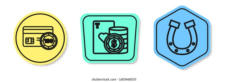 Set line Credit card, Casino chip and playing cards and Horseshoe. Colored shapes. Vector