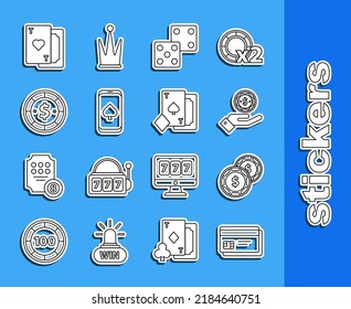 Set Line Credit Card, Casino Chip With Dollar, Hand Holding Casino Chips, Game Dice, Online Poker Table Game, Playing Heart And Spades Icon. Vector