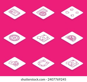 Set line Credit card, Casino chip with dollar, Playing cards, heart, signboard, Game dice and Horseshoe icon. Vector