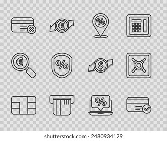 Set line Credit card with chip, Location percent discount, remove, Loan, Percent and laptop and Safe icon. Vector