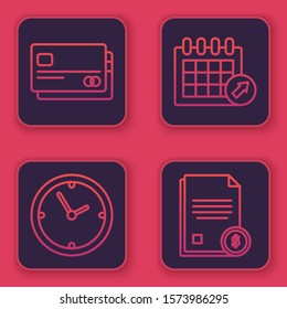 Set line Credit card, Clock, Calendar and Finance document. Blue square button. Vector