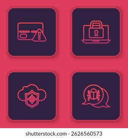 Set line Credit card, Cloud and shield, Laptop lock and System bug. Blue square button. Vector