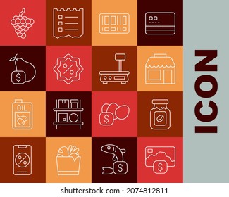 Set line Credit card, Coffee jar bottle, Market store, Barcode, Discount percent tag, Price for pear, Grape fruit and Electronic scales icon. Vector
