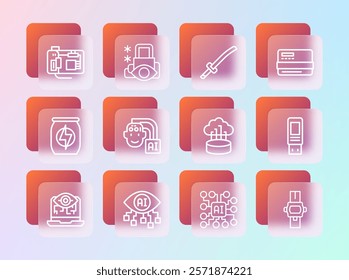 Set line Credit card, Computer vision, Network cloud connection, Neural network, Humanoid robot, Katana, Motherboard and Cyber security icon. Vector