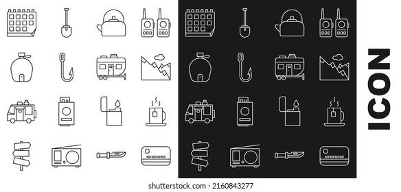 Set line Credit card, Cup of tea with tea bag, Mountains, Kettle handle, Fishing hook, Canteen water bottle, Calendar and Rv Camping trailer icon. Vector