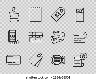 Set line Credit card, Discount percent tag, Blank label template price, Add to Shopping cart, building or market store, Signboard hanging with inscription shop here and  icon. Vector